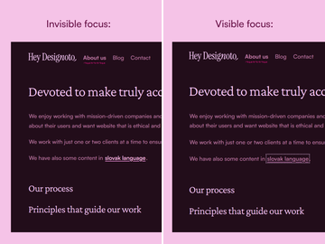 Websites comparison: left side shows how invisible focus looks like and on the right image when it is visible