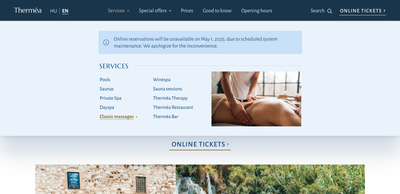 desktop main navigation header with language selection at the beginning, some links in the navigation open a submenu on click, showing related links
