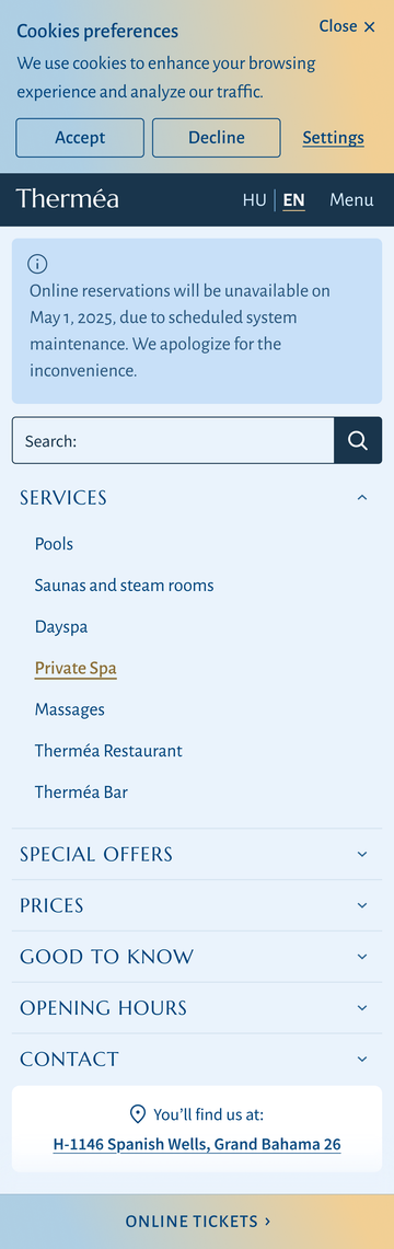 opened mobile navigation with expanded list of services, submenu